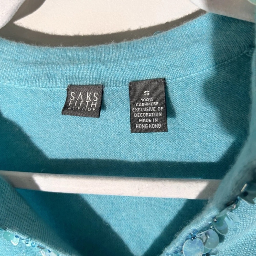 Saks Fifth Avenue Teal Embellished Cashmere Sweater Sz Small VGUC - Picture 3 of 12